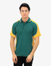 A green and yellow polo shirt with a contrasting design and a logo on the chest.