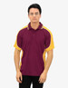 A polo shirt featuring maroon and yellow colours, with a branding logo on the chest.