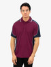 A maroon and navy blue polo shirt with contrasting side panels and a collar, featuring a logo.