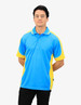 A polo shirt in blue and yellow with a logo on the chest, featuring short sleeves and a collar.
