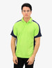 A polo shirt in bright green with navy blue sides, featuring a logo on the chest.