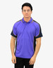 A purple and black polo shirt with contrasting yellow stitching and a logo on the front.