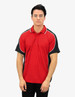A red and black polo shirt with contrasting sleeves and a branded logo.