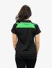 A black polo shirt with green accents, featuring a logo on the back and a fitted design.