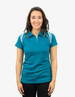 A polo shirt in teal, featuring white stripes, displayed by a model with a smiling expression.