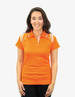 An orange polo shirt featuring white accents and a logo. Model is smiling, standing against a plain background.