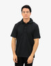 A black polo shirt displayed on a model, featuring a collar and short sleeves. The shirt has a logo on it.