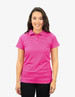 A pink polo shirt with a classic collar and short sleeves, featuring a logo on the chest.