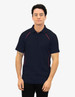A navy polo shirt with red piping details and a logo. The shirt features a classic collar and short sleeves.