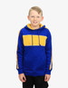 A blue and yellow hoodie features a striped design and a front kangaroo pocket. The product has a logo on it.