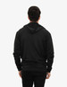 A black hoodie with a hood, featuring a logo, viewed from the back.