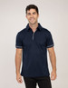 A navy blue polo shirt with white trim, featuring a collar and short sleeves. It has a logo on the chest.