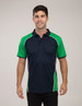 A polo shirt in navy blue with green accents and white piping. It features a collar and short sleeves.