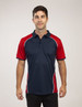 A polo shirt featuring a navy blue body with red sleeves and white accents, includes a logo on the chest.