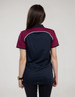 A polo shirt featuring a navy body with maroon sleeves and white piping, displayed from the back. It has a logo.