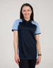 A navy and light blue polo shirt with a logo, worn by a smiling woman.