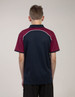 A back view of a polo shirt featuring navy blue and maroon colours with a logo on the side.