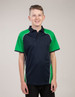 A polo shirt in navy blue with green sleeves and white piping, featuring a logo on the left side.