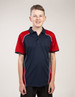 A young person wearing a navy and red polo shirt featuring a logo, with short sleeves and a collar.