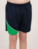 Sports shorts in navy blue with a green design element and an adjustable drawstring waist. Features a logo.