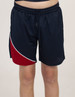 Sports shorts in navy blue and red with a white stripe detail, featuring an elastic waistband and drawstring.