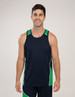 A man in a navy singlet with green and white accents, featuring a logo on the chest.