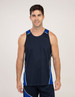 A navy singlet with blue accents, featuring a logo, worn by a man in a neutral background.