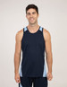 A navy singlet with light blue accents, featuring a logo, worn by a smiling male model.