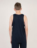 A navy singlet shirt is featured, viewed from the back, worn by a young person. The shirt has a logo.