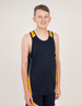 A navy blue singlet with yellow accents, featuring a logo, worn by a young male model.