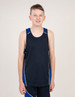 A young model wearing a black singlet with blue accents. The garment features a logo.
