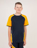 A t-shirt featuring navy blue and bright yellow panels, designed with a sporty cut. It has a logo on the front.