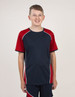 A T-shirt in navy blue and red with contrasting white stitching, featuring a logo on the front.