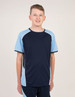 A navy blue and light blue t-shirt with contrasting panels and a logo. Suitable for casual wear.