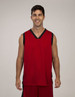 A red singlet with black accents, featuring a slight V-neck and a logo on the chest.