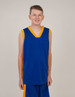 A blue and gold singlet featuring a V-neck design, worn by a young person standing against a neutral background.