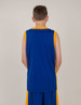 A blue singlet with yellow trim, displayed from the back on a model. The garment has a logo.