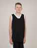 A black singlet with white accents, featuring a v-neck design, worn by a young model. Logo present.