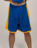 Blue sports shorts with yellow side panels and an elastic waistband, featuring a logo on the front.