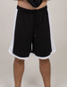 Sports shorts in black with white side panels, featuring an elastic waistband and drawstring. Includes a logo.