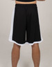 Black sports shorts with white side detailing and an elastic waistband, featuring a logo on the front.