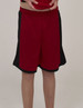 Red sports shorts with black side panels, featuring an elastic waistband and a logo.