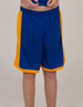 Sports shorts in blue with orange side panels, featuring an elastic waistband and a logo.