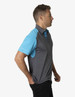 A polo shirt featuring a grey body with blue sleeves and a collar, showcasing a sleek design and a logo.