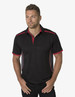 A black polo shirt with red accents and a logo, displayed on a model.