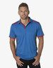 A blue polo shirt with red and grey accents, featuring a logo on the chest.