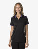 A black polo shirt with purple detailing, featuring a logo, designed for women's wear.