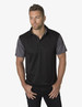 A black polo shirt with patterned sleeves and a collar, featuring a logo on the chest.