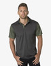 A polo shirt in dark grey with striped green sleeves and a collar. Features a branding logo.