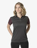 A polo shirt in dark grey with maroon short sleeves and a collar, featuring a logo on the chest.